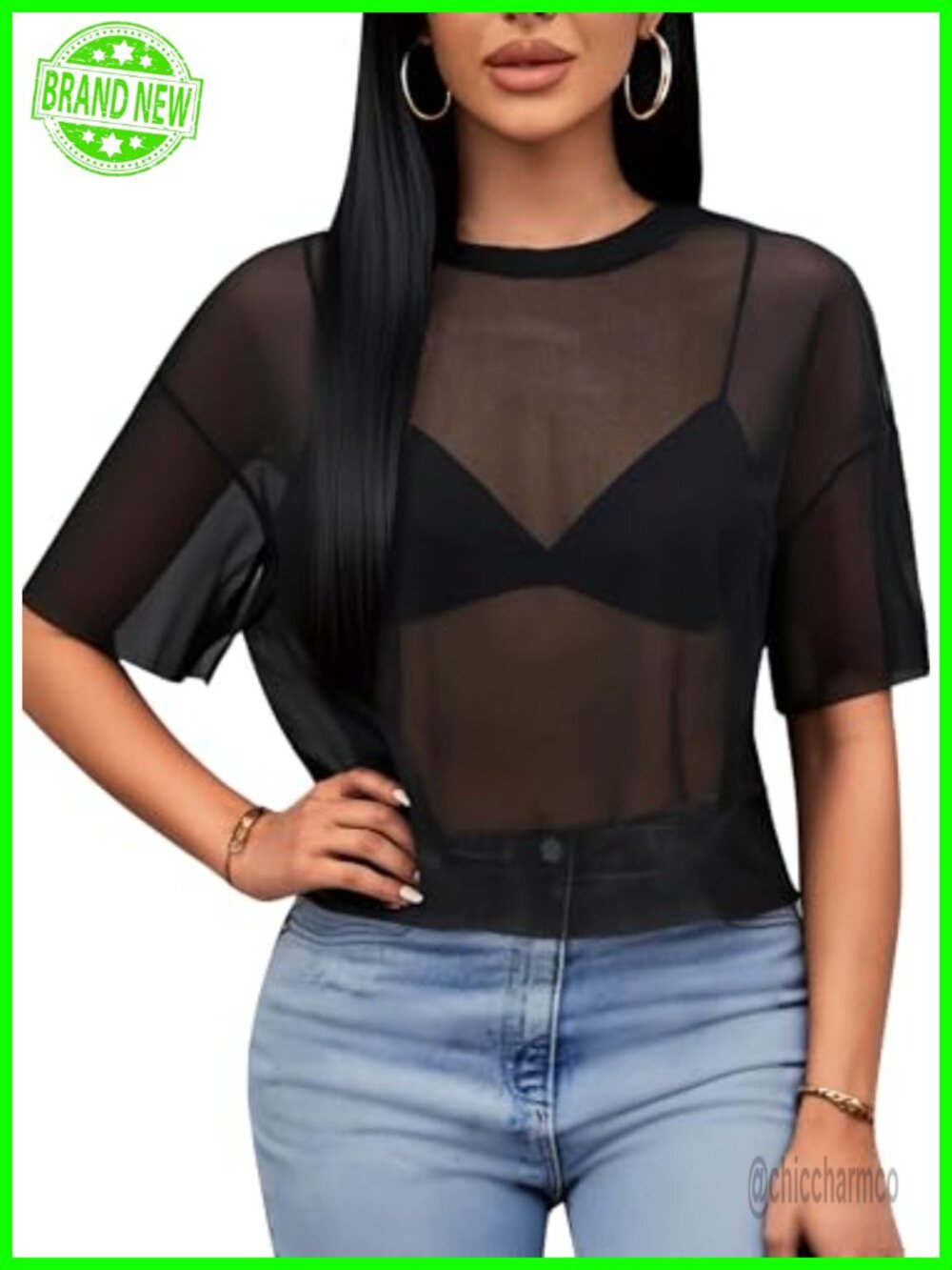 Sheer Mesh Crop Top Short Sleeve Crewneck Loose Fit T Shirt